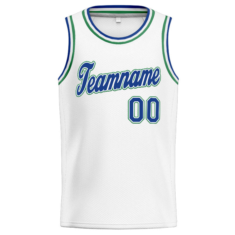 Benutzerdefinierte Authentisch  Basketball Trikot Weiß-Blau-Blaugrün