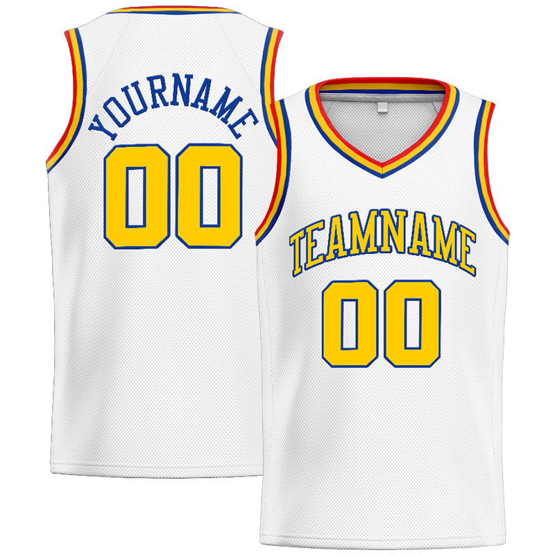 Benutzerdefinierte Authentisch  Basketball Trikot Weiß-Gelb-Royal-Rot