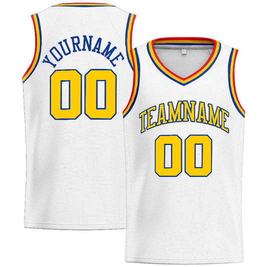 Benutzerdefinierte Authentisch  Basketball Trikot Weiß-Gelb-Royal-Rot