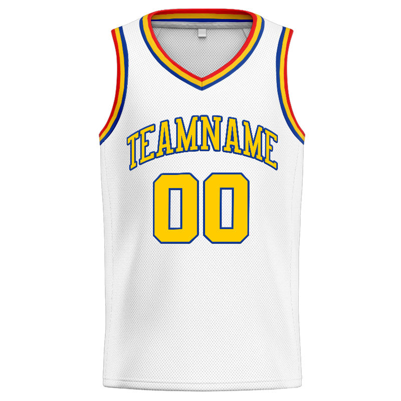 Benutzerdefinierte Authentisch  Basketball Trikot Weiß-Gelb-Royal-Rot