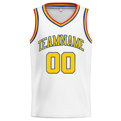 Benutzerdefinierte Authentisch  Basketball Trikot Weiß-Gelb-Royal-Rot