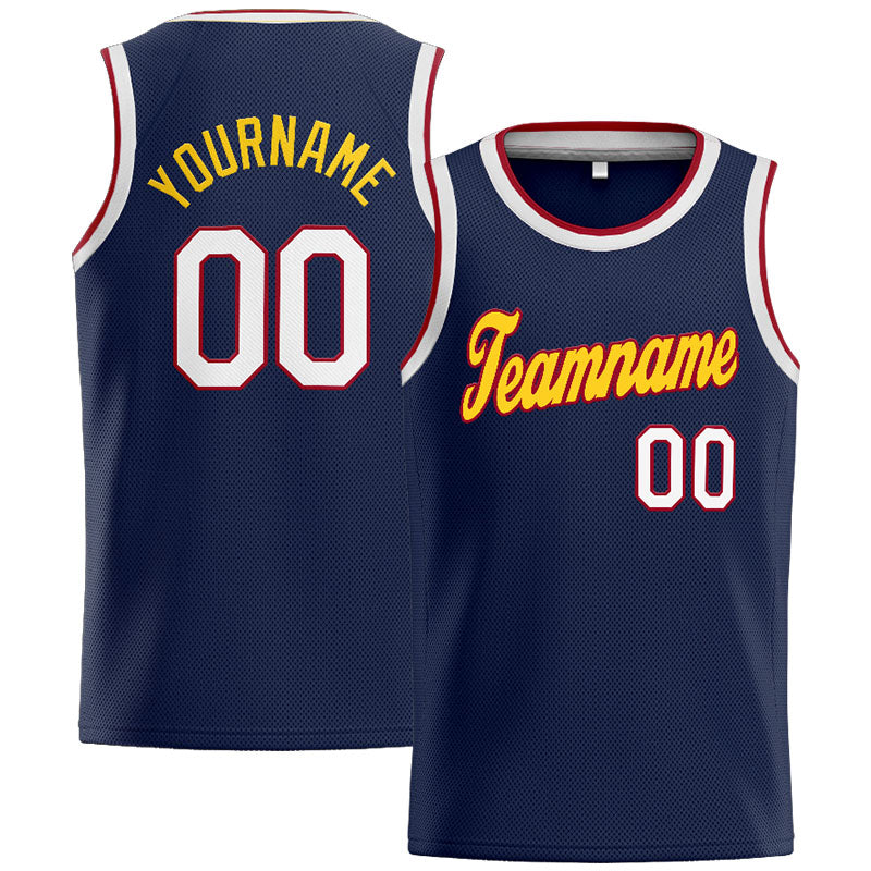 Benutzerdefinierte Authentisch  Basketball Trikot Marine-Weiß-Rot-Gelb