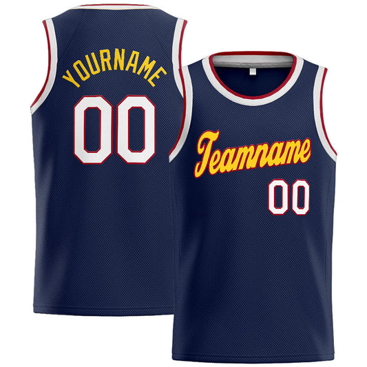 Benutzerdefinierte Authentisch  Basketball Trikot Marine-Weiß-Rot-Gelb