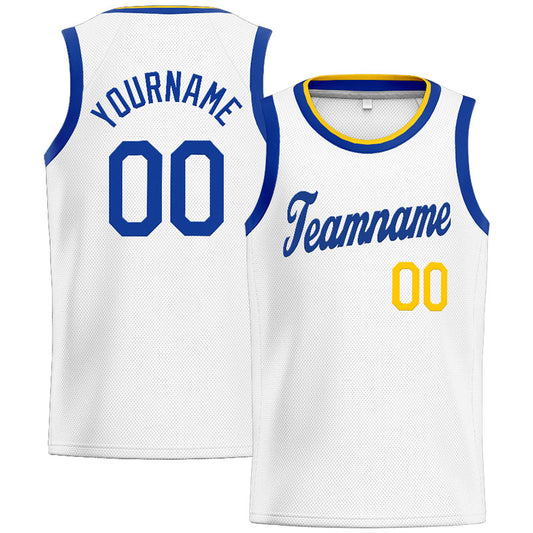 Benutzerdefinierte Authentisch  Basketball Trikot Weiß-Blau-Gelb
