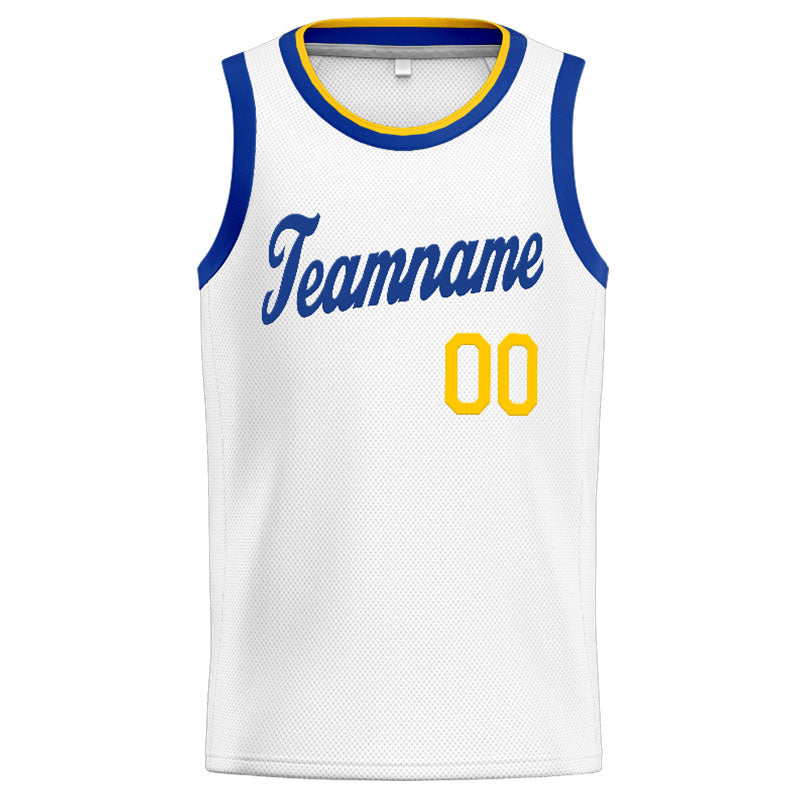 Benutzerdefinierte Authentisch  Basketball Trikot Weiß-Blau-Gelb