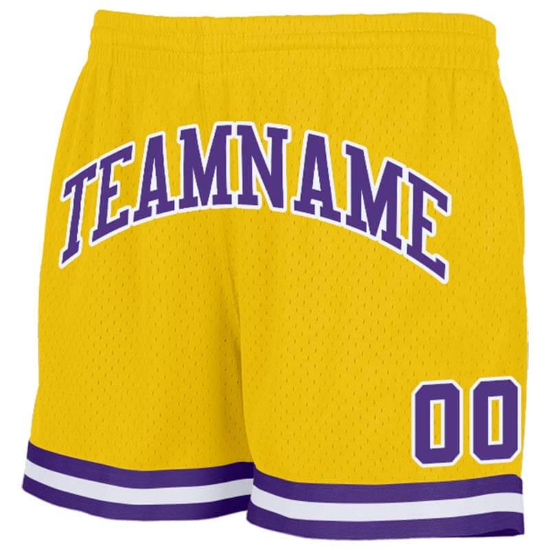 Benutzerdefiniert Gelb-Violett-Weiß Authentisch Rückblick Basketball Kurze Hose