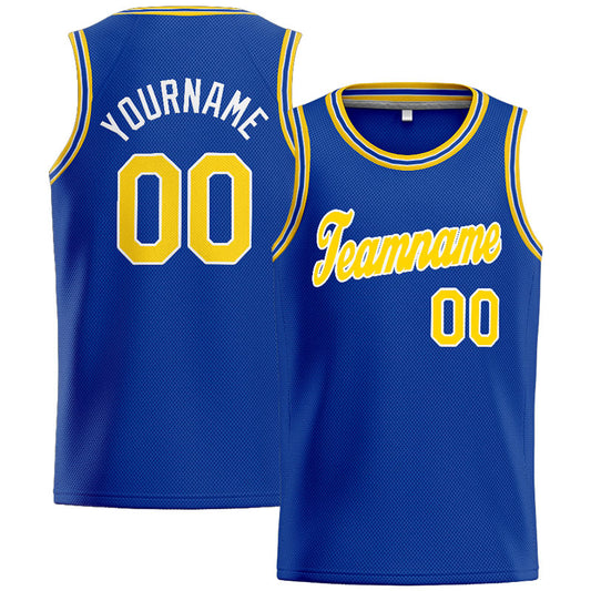 Benutzerdefinierte Authentisch  Basketball Trikot Königlich- Gelb- Weiß
