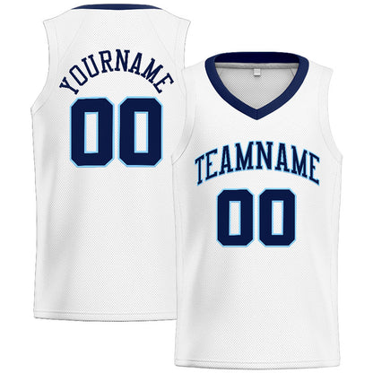 Benutzerdefinierte Authentisch  Basketball Trikot Weiß-Marine-Hellblau