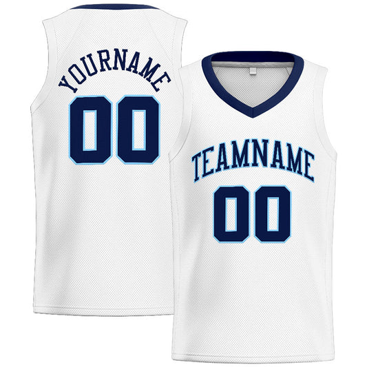 Benutzerdefinierte Authentisch  Basketball Trikot Weiß-Marine-Hellblau
