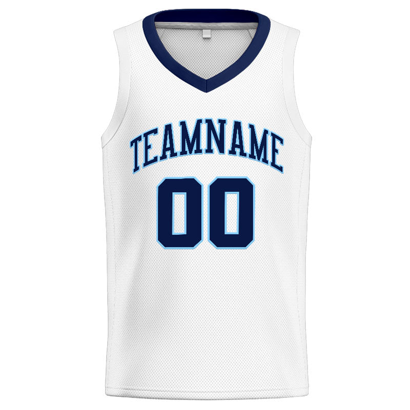 Benutzerdefinierte Authentisch  Basketball Trikot Weiß-Marine-Hellblau