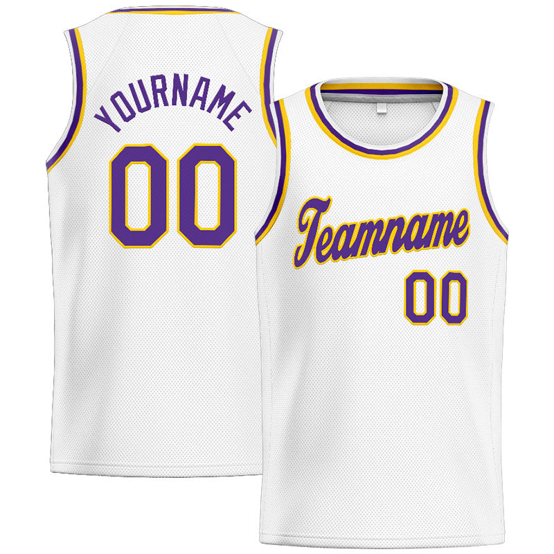 Benutzerdefinierte Authentisch  Basketball Trikot Weiß-Gelb-Lila