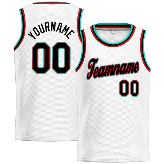Benutzerdefinierte Authentisch  Basketball Trikot Weiß-Blaugrün-Schwarz-Rot