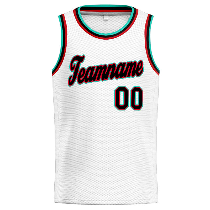 Benutzerdefinierte Authentisch  Basketball Trikot Weiß-Blaugrün-Schwarz-Rot