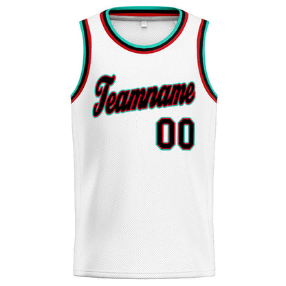 Benutzerdefinierte Authentisch  Basketball Trikot Weiß-Blaugrün-Schwarz-Rot