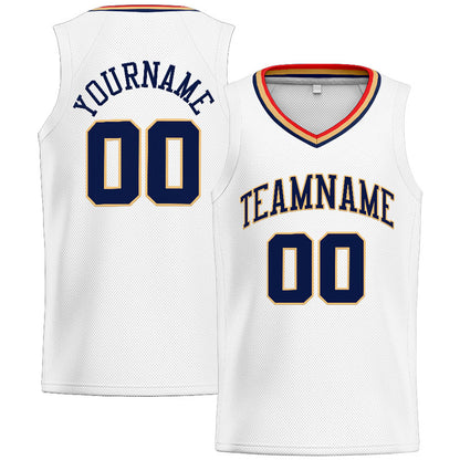 Benutzerdefinierte Authentisch  Basketball Trikot Weiß-Marine-Gold-Rot