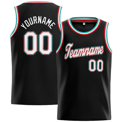 Benutzerdefinierte Authentisch  Basketball Trikot Schwarz-Weiß-Blaugrün-Rot