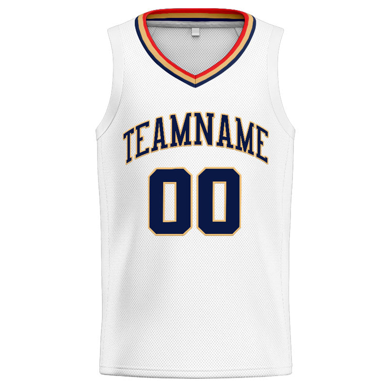 Benutzerdefinierte Authentisch  Basketball Trikot Weiß-Marine-Gold-Rot