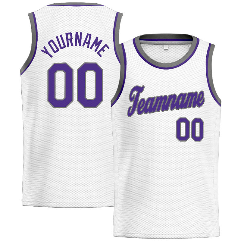 Benutzerdefinierte Authentisch  Basketball Trikot Weiß-Lila-Grau